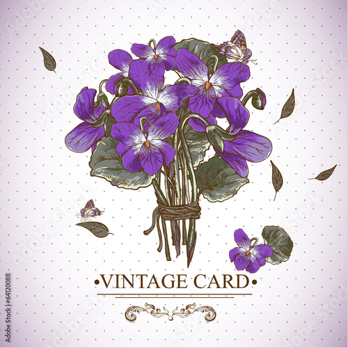 Vintage Floral Card with Violets and Butterflies