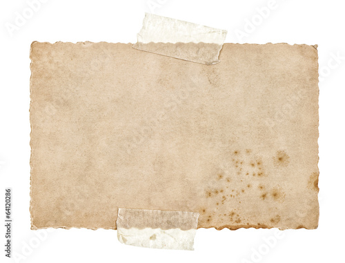 old grungy paper sheet with tape isolated on white