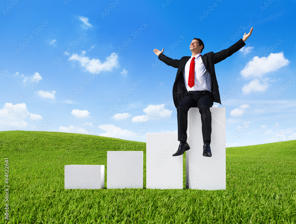 Business Man Outdoors Sitting on a Bar Graph Business Man Outdoors Sitting on a Bar Graph