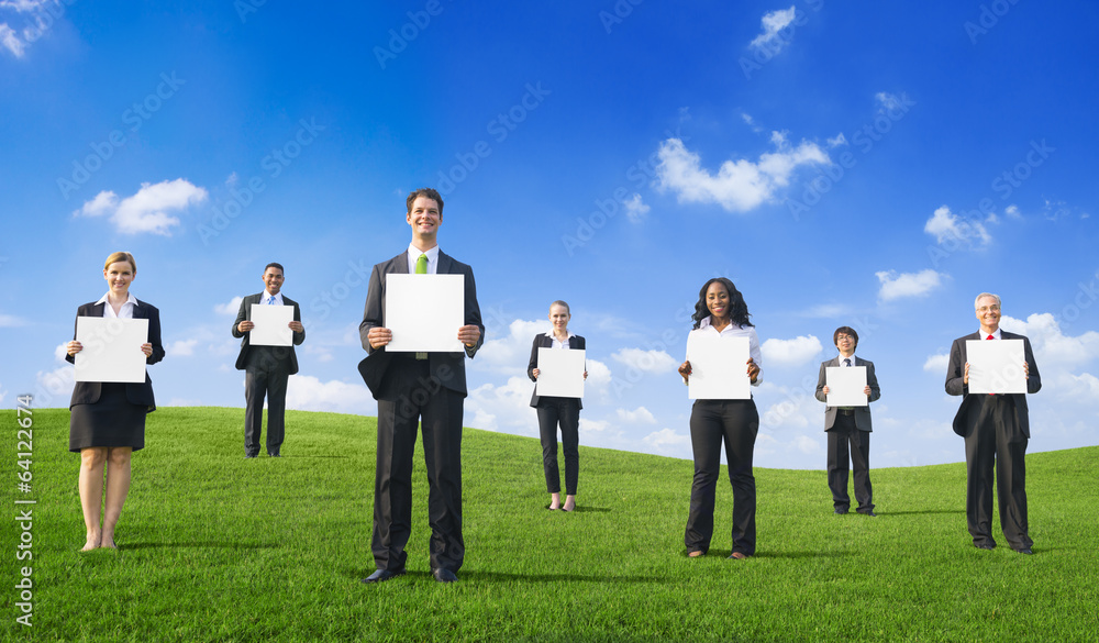 Business People Holding Empty Placard Outdoors Business People Holding Empty Placard Outdoors