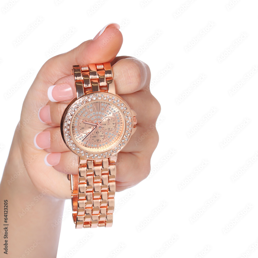 Fototapeta premium Gold Wrist Watches with Diamonds in Female Hand isolated
