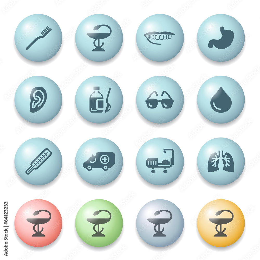 Medical icons on color buttons.