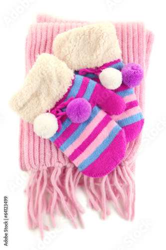 Striped mittens with scarf isolated on white