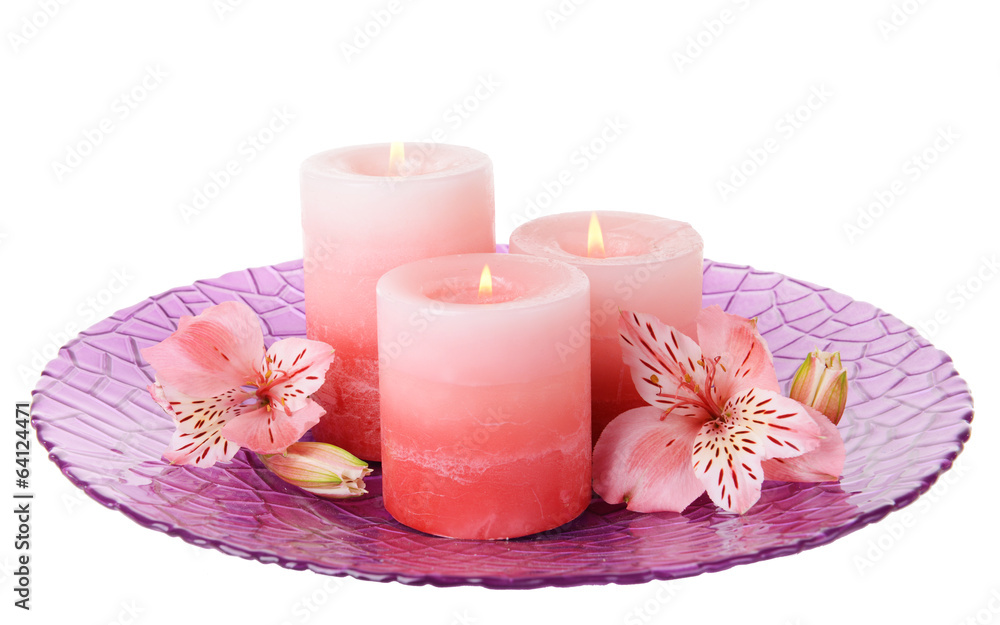 Beautiful candles with flowers isolated on white Beautiful candles with flowers isolated on white