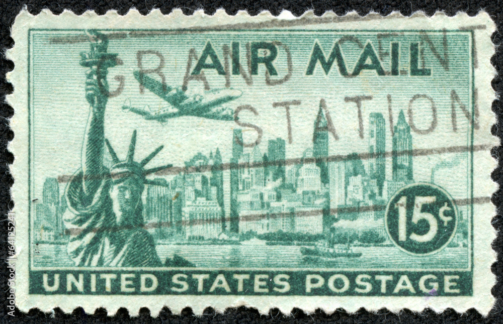 plane, Statue of Liberty and New York Skyline