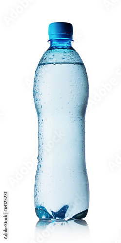 Blue bottle of pure water with drops