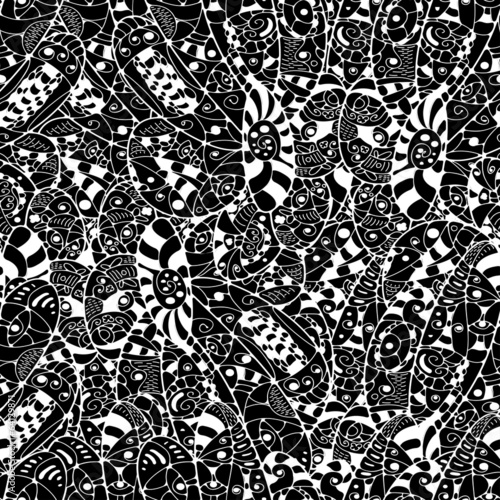 Canvastavla Seamless abstract hand-drawn  leaves pattern. ..Black and white.