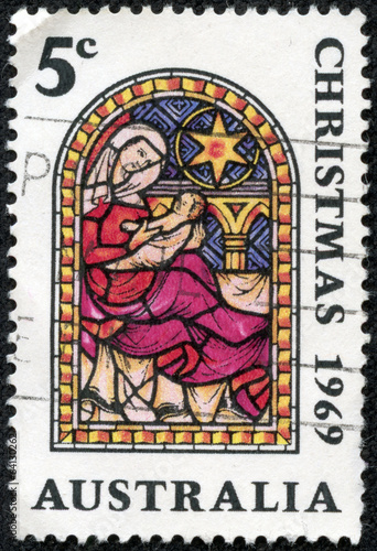 stamp printed in Australia shows the Nativity