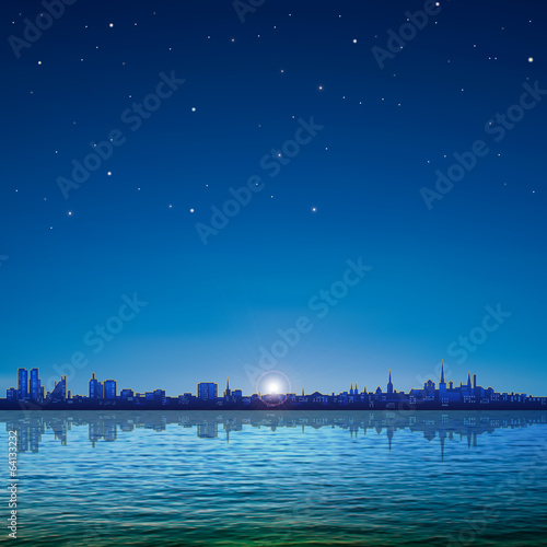abstract background with panorama of city and sunrise