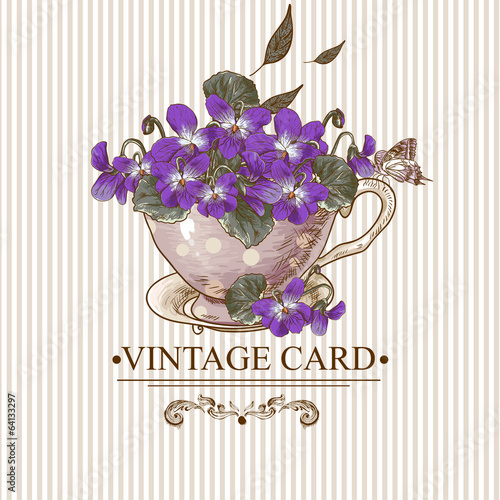 Vintage Floral Background with Violets in a Cup