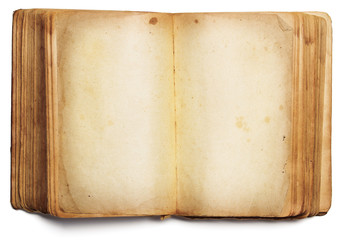 old book open blank pages, empty yellow paper isolated on white