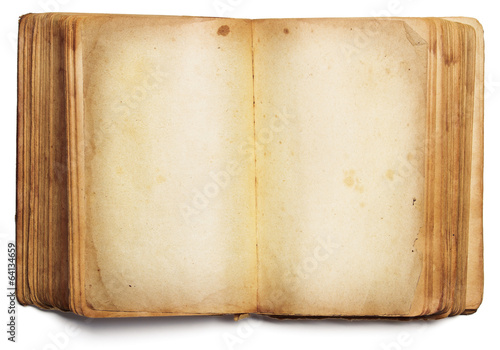 old book open blank pages, empty yellow paper isolated on white