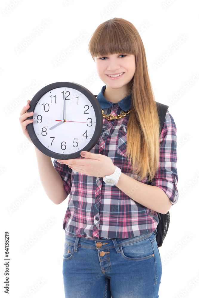 cute teenage girl with clock isolated on white cute teenage girl with clock isolated on white