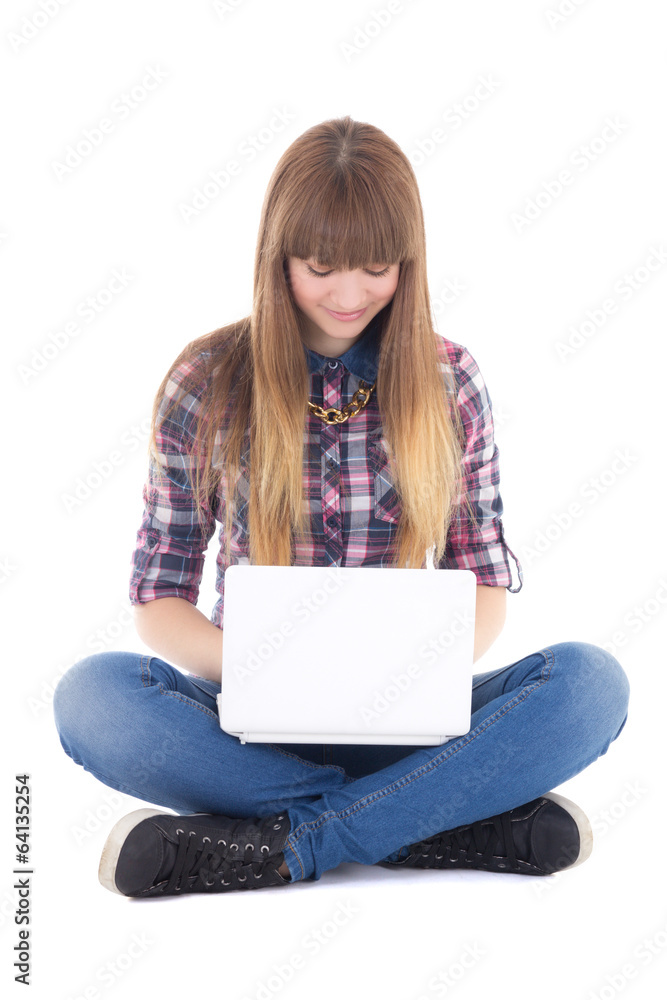 Naklejka premium cute teenage girl sitting with laptop