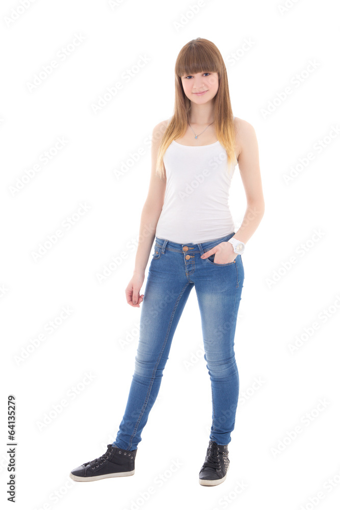 teenage girl in white t-shirt posing isolated on white teenage girl in white t-shirt posing isolated on white