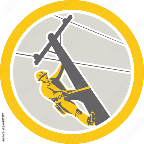 Power Lineman Repairman Climbing Pole Circle