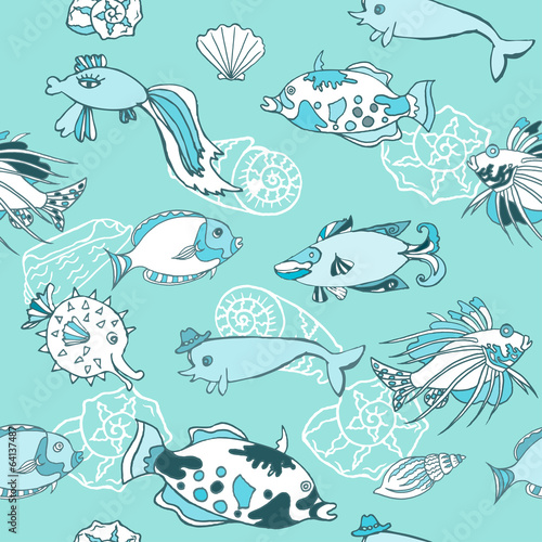 Blue Seamless pattern  with  fishes and cockleshells
