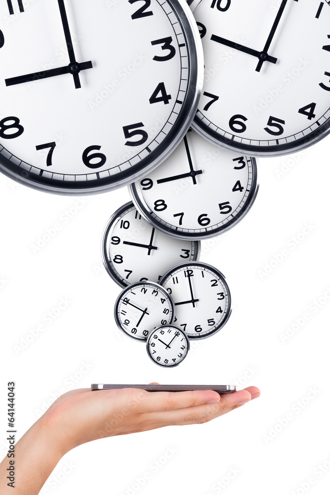 Hand Holding Phone with Analog Clocks Hand Holding Phone with Analog Clocks