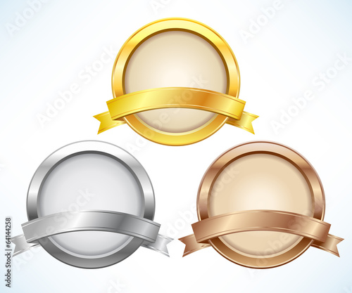 Gold, silver and bronze labels with ribbon