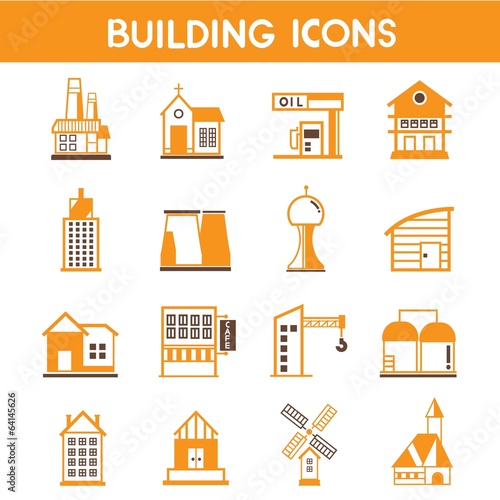 building icons, map elements orange theme