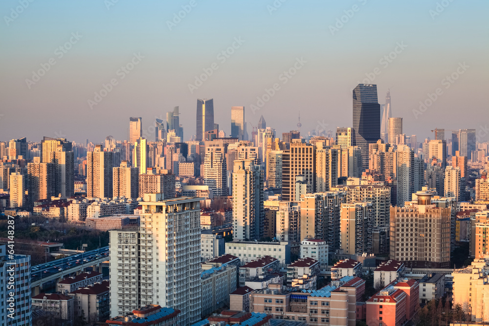 modern city at dusk in shanghai