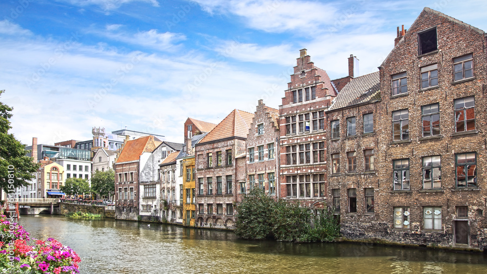Historic buildings along the Leie river. Ghent