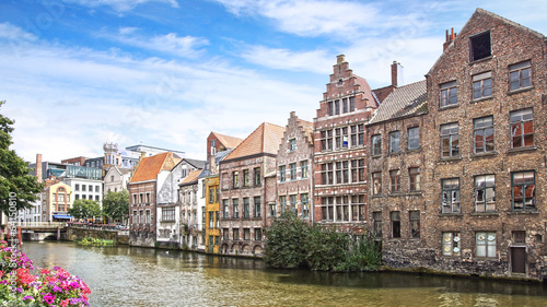 Historic buildings along the Leie river. Ghent