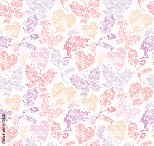 Delicate pattern with butterflies, flowers and hearts.