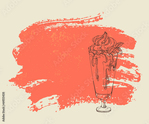 Milkshake with strawberry syrup on red grunge background.