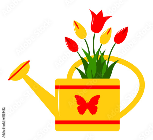 watering can and tulips