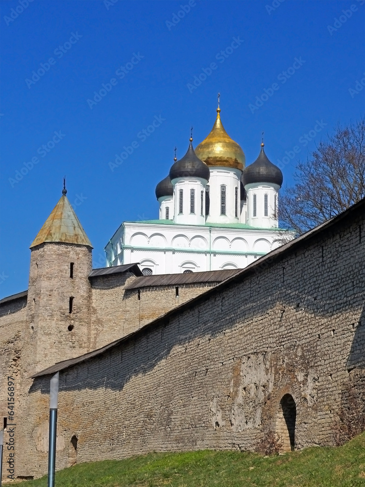 White church with golden domes