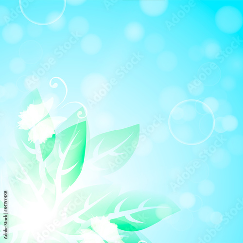 blue background with green leaves and butterflies