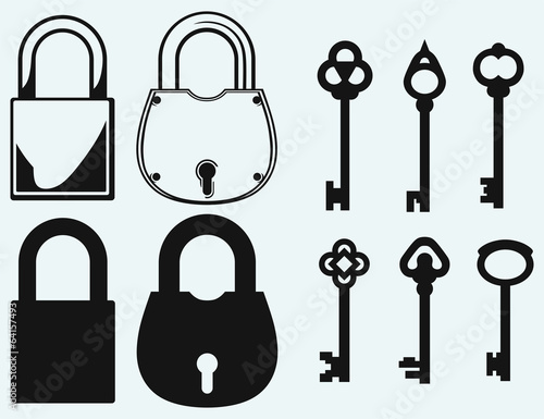 Closed locks security icon. Antique keys collection