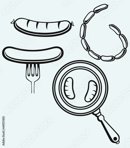 Grilled sausage on fork and on frying pan