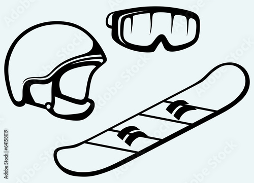 Set equipment for snowboarding. Snowboard, helmet and mask