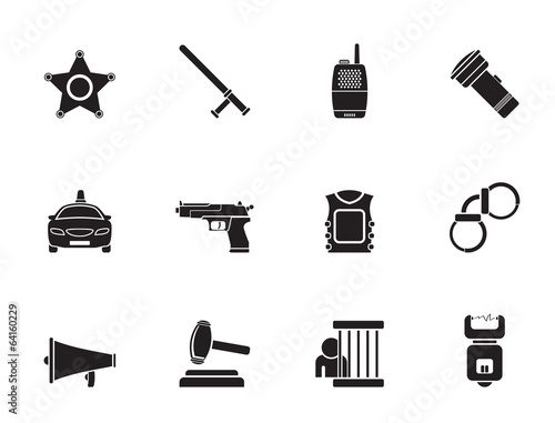 Silhouette law, order, police and crime icons