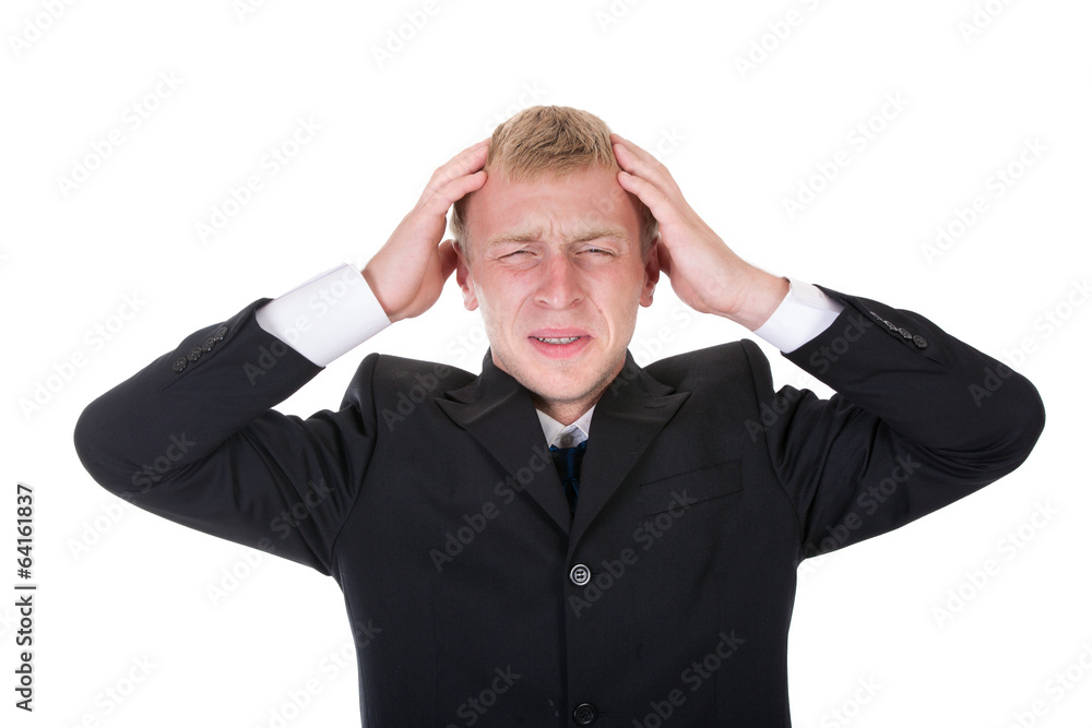 stressed businessman with hands on head stressed businessman with hands on head
