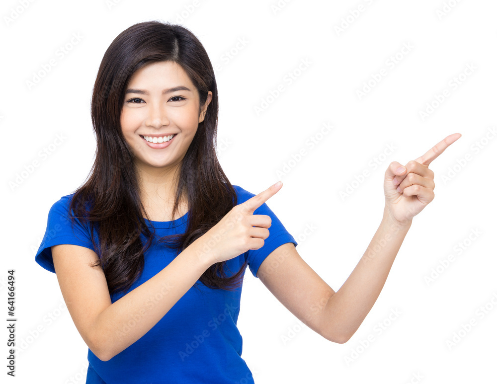 Happy woman both hand pointing aside Happy woman both hand pointing aside