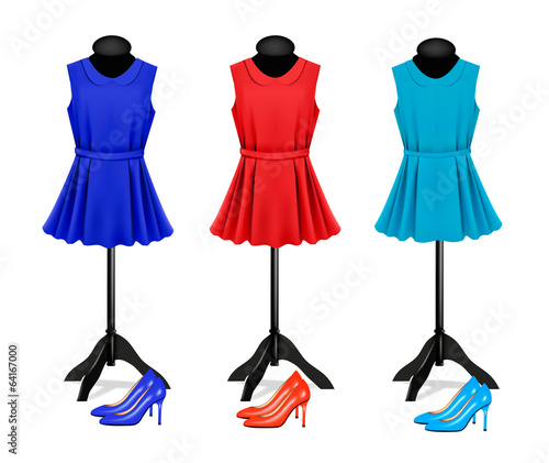 Fashion boutique background with colorful dresses and shoes. Vec
