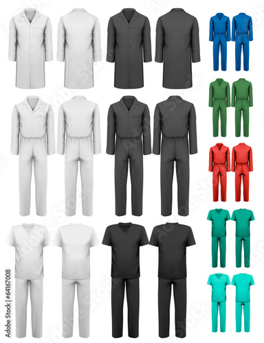 Set of overalls with worker and medical clothes. Design template