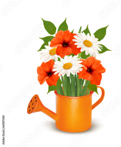 Summer flowers in a watering can. Vector.