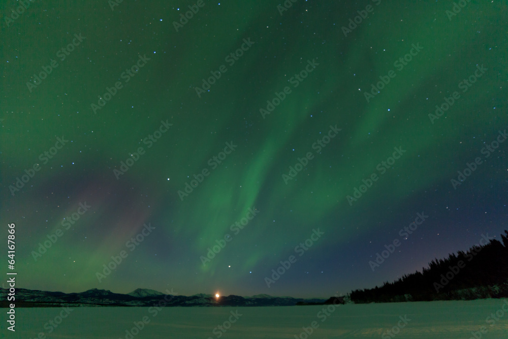 Aurora borealis dance moonrise Lake Laberge Yukon