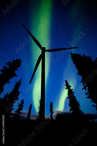 Northern Lights night sky wind turbine silhouette