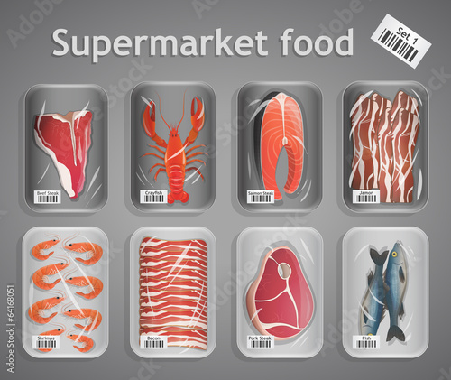 Supermarket fish and meat set