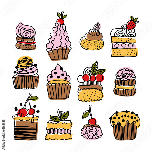 Set of hand drawn doodle cakes, desserts