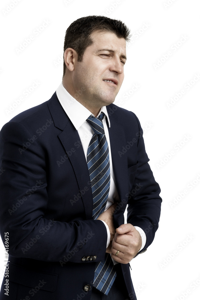 businessman with strong stomach pain isolated on white backgroun businessman with strong stomach pain isolated on white backgroun