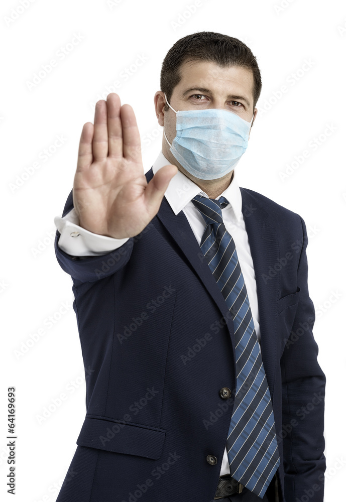 Businessman with protective mask against flu and hand in front, Businessman with protective mask against flu and hand in front,
