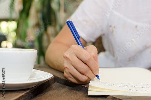 Close-up of a young girl drawing into her diary, in the park