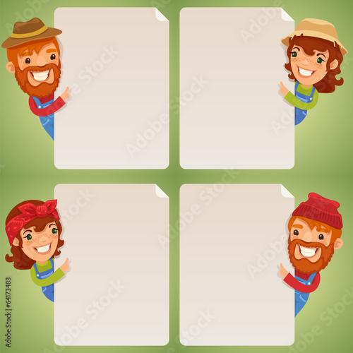 Farmers Cartoon Characters Looking at Blank Poster Set