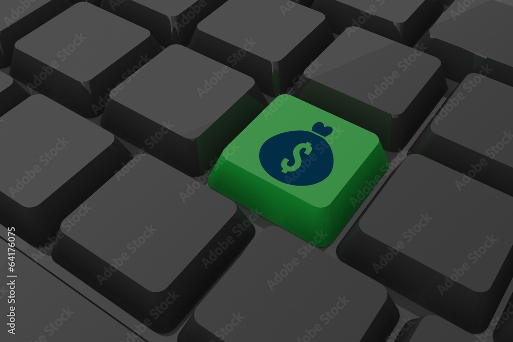 Composite image of money bag on key Composite image of money bag on key